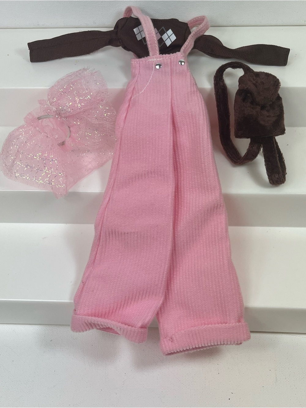 VTG 1997 Barbie Perfectly Pink Corduroy Overalls Top Outfit Brown Bag Hair Tie